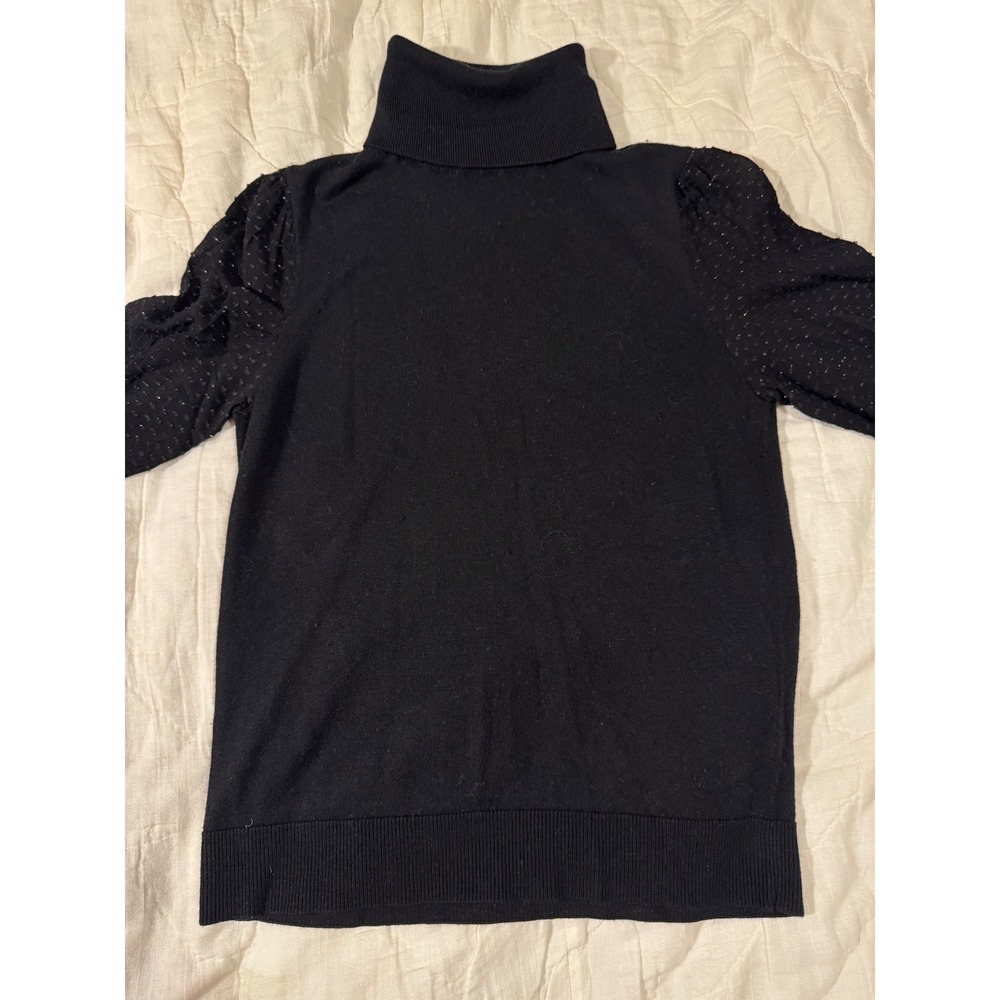 LOFT Black Turtleneck Sweater XS Puff Sleeve Swiss Dot Ruffle Cuff Wool Blend